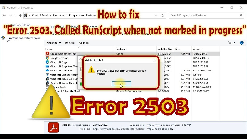 How to fix "Error 2503. Called RunScript when not marked in progress ...